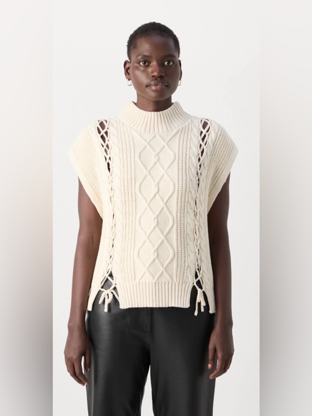 Sleeveless Cable Knit Turtleneck Vest in Cream